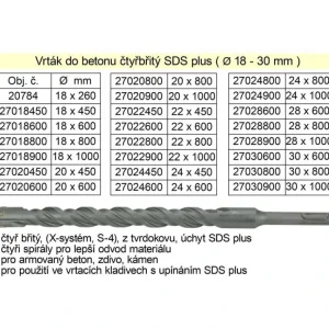 Značkový Vrták do betonu čtyřbřitý SDS plus 28x 800mm